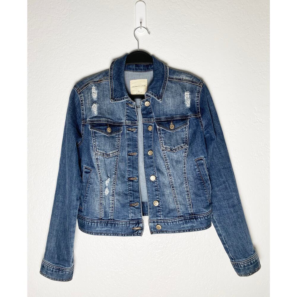 Celebrity Pink Women's Juniors Classic Stretch Denim Distressed Jacket Button Up